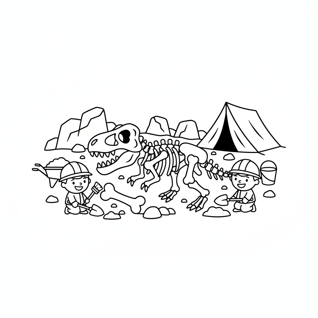 A detailed illustration of a dinosaur skeleton dig site featuring archaeologists carefully excavating large bones from the earth, surrounded by tools and dusty terrain, perfect for a free printable coloring page.