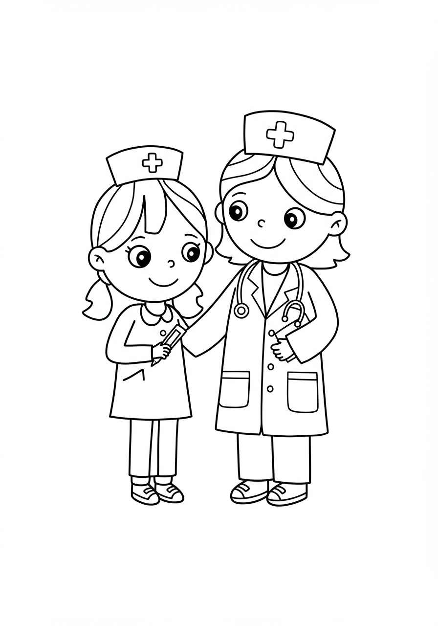 Free printable coloring page featuring a friendly doctor and nurse helping a child, with easy-to-color outlines.