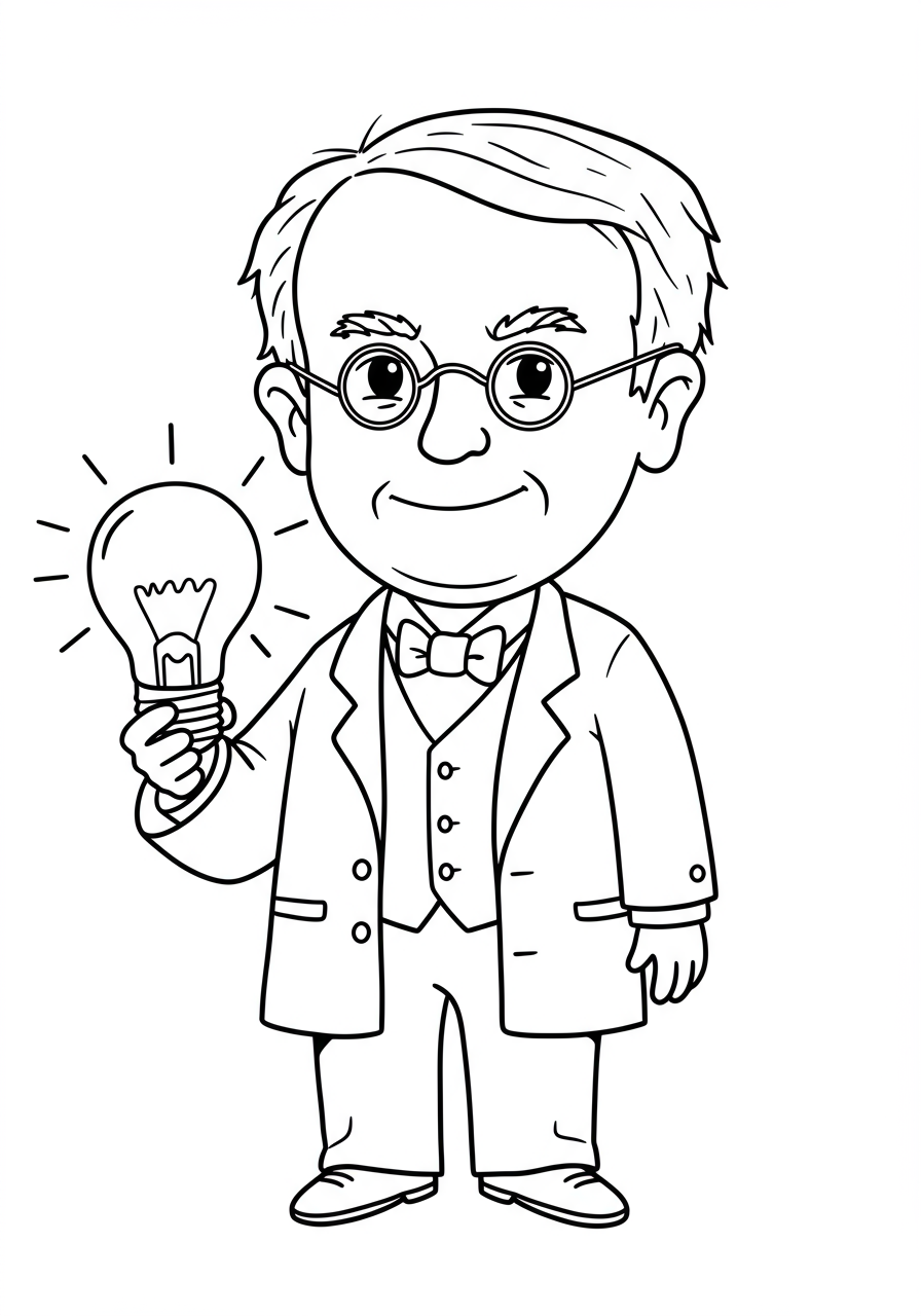 Free printable coloring page featuring famous inventor Thomas Edison holding a glowing lightbulb in his hand, suitable for kids.