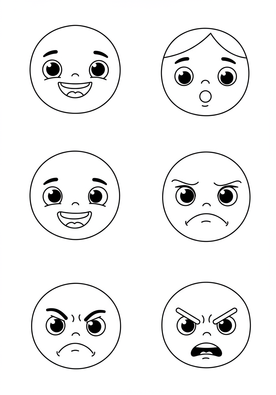 Free printable Feelings and Emotions Faces coloring page for kids, showing happy, sad, angry, and surprised expressions, ideal for learning and creative play.