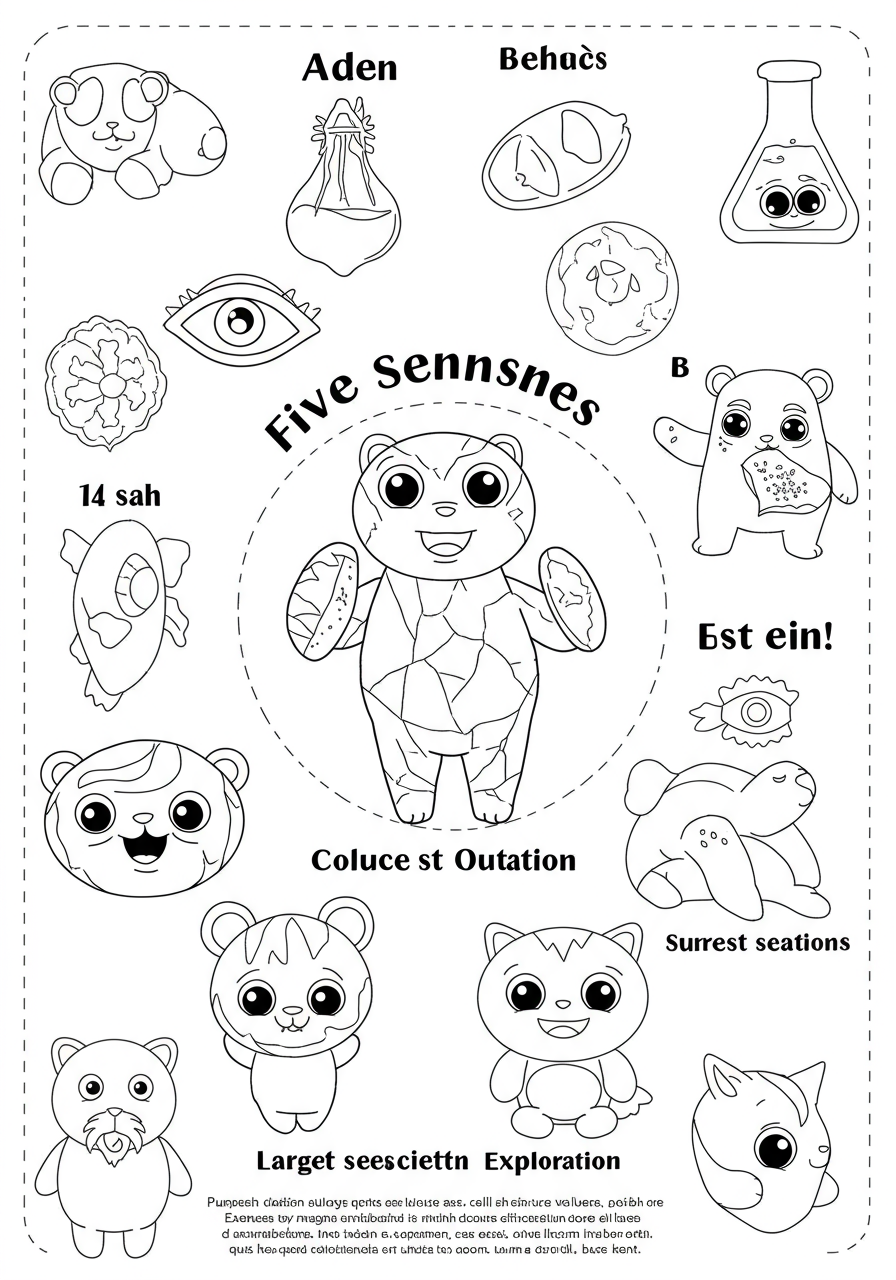 A free printable coloring page depicting the five senses: sight (eyes), hearing (ear), touch (hand), smell (nose), and taste (mouth/tongue), designed for kids' educational exploration.