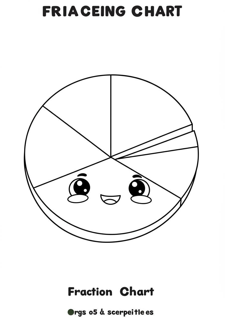 A free printable coloring page featuring a simple and friendly fraction pie chart, divided into various parts to illustrate basic math concepts for kids.