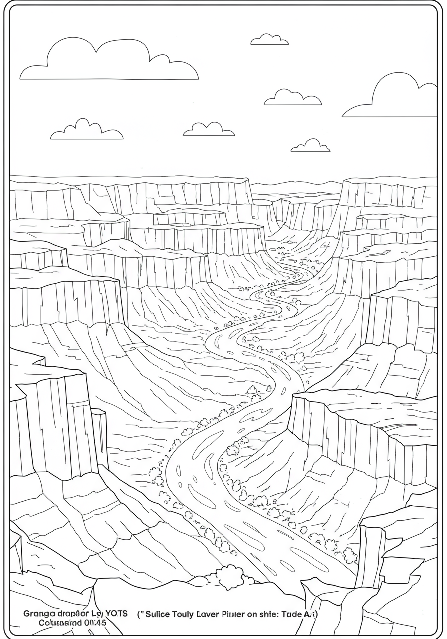 Grand Canyon layers free printable coloring page for kids showing distinct rock formations and the Colorado River.