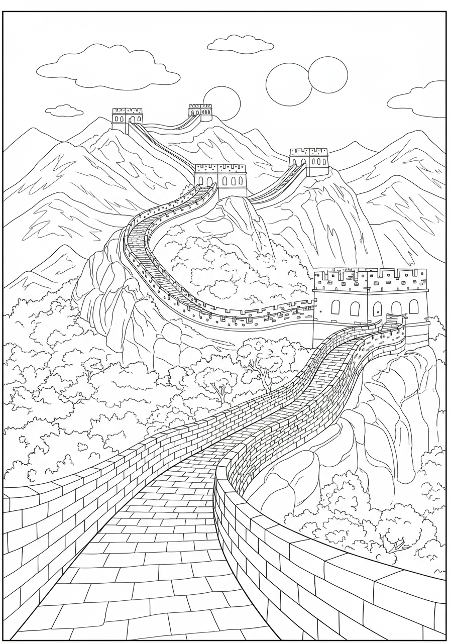 Free printable Great Wall of China coloring page showing a long stone wall with watchtowers winding through mountains under a sunny sky, perfect for kids.