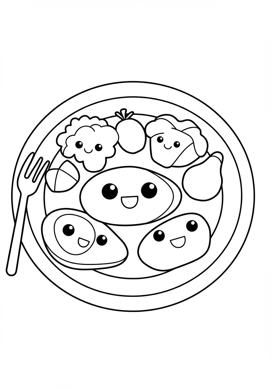 Illustration of a free printable healthy food plate coloring page, showing sections for fruits, vegetables, grains, protein, and dairy, designed for easy coloring by kids.