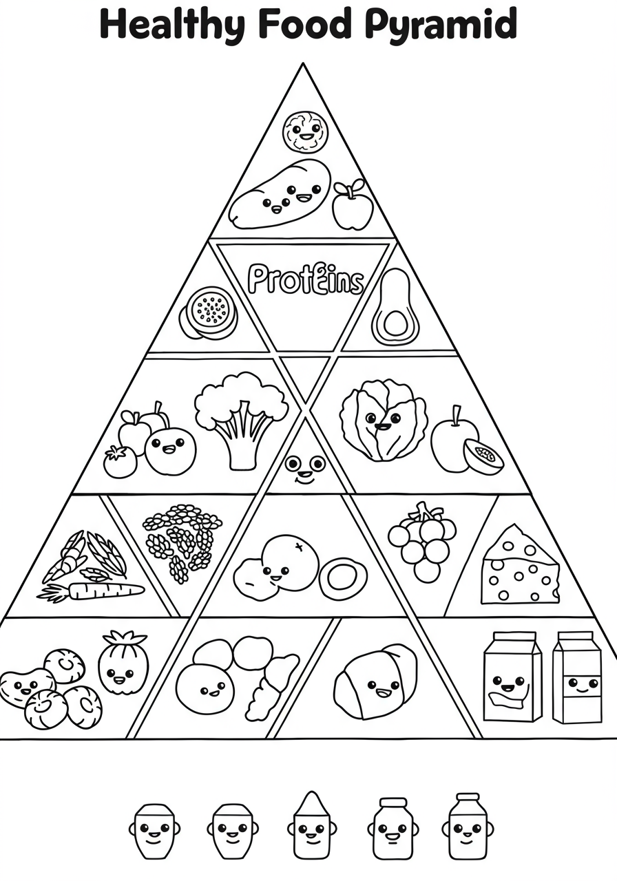 A colorful illustration of a free printable Healthy Food Pyramid coloring page, showing various food groups like fruits, vegetables, grains, proteins, and dairy, designed for kids to learn about nutrition.