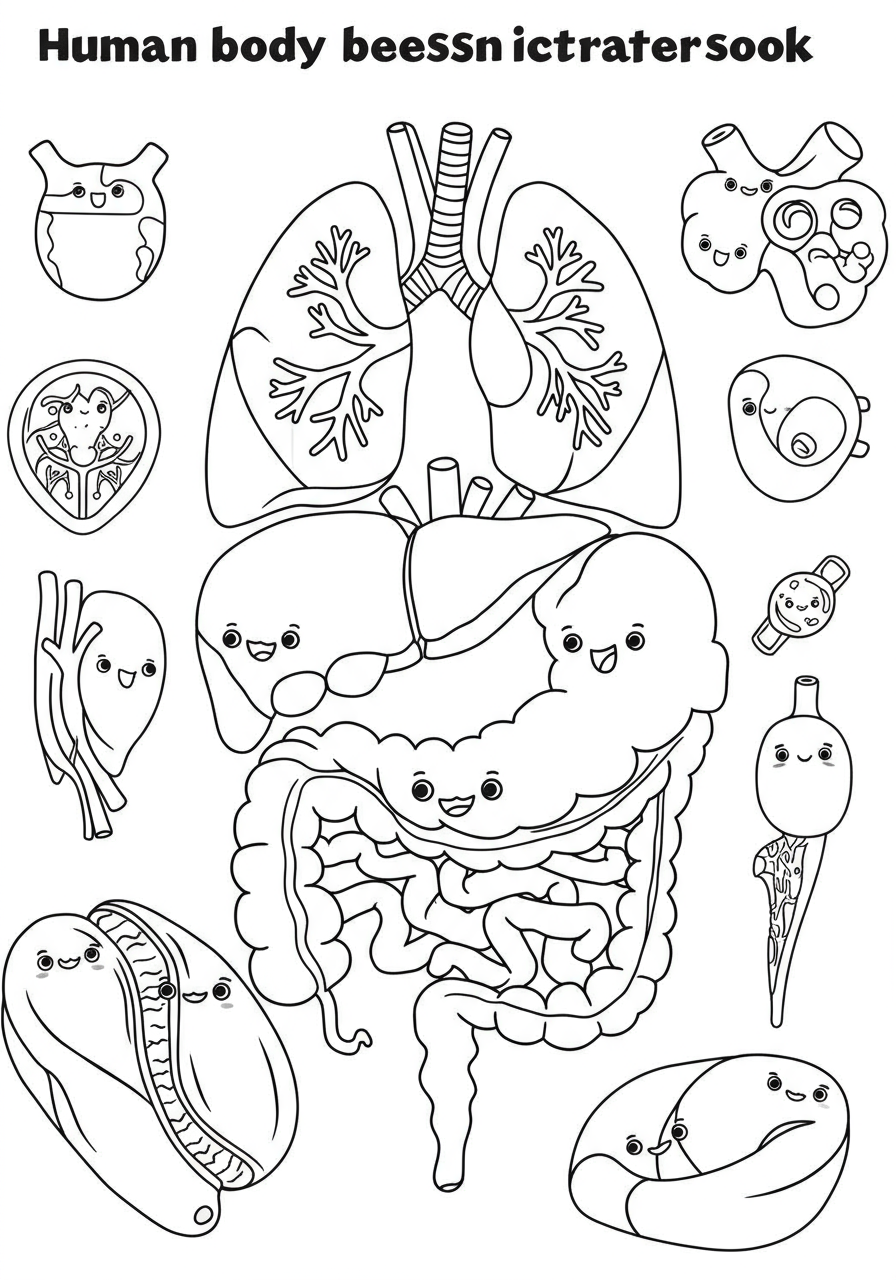 Free printable human body organs coloring page showing simplified illustrations of a heart, brain, lungs, and stomach for kids to color.
