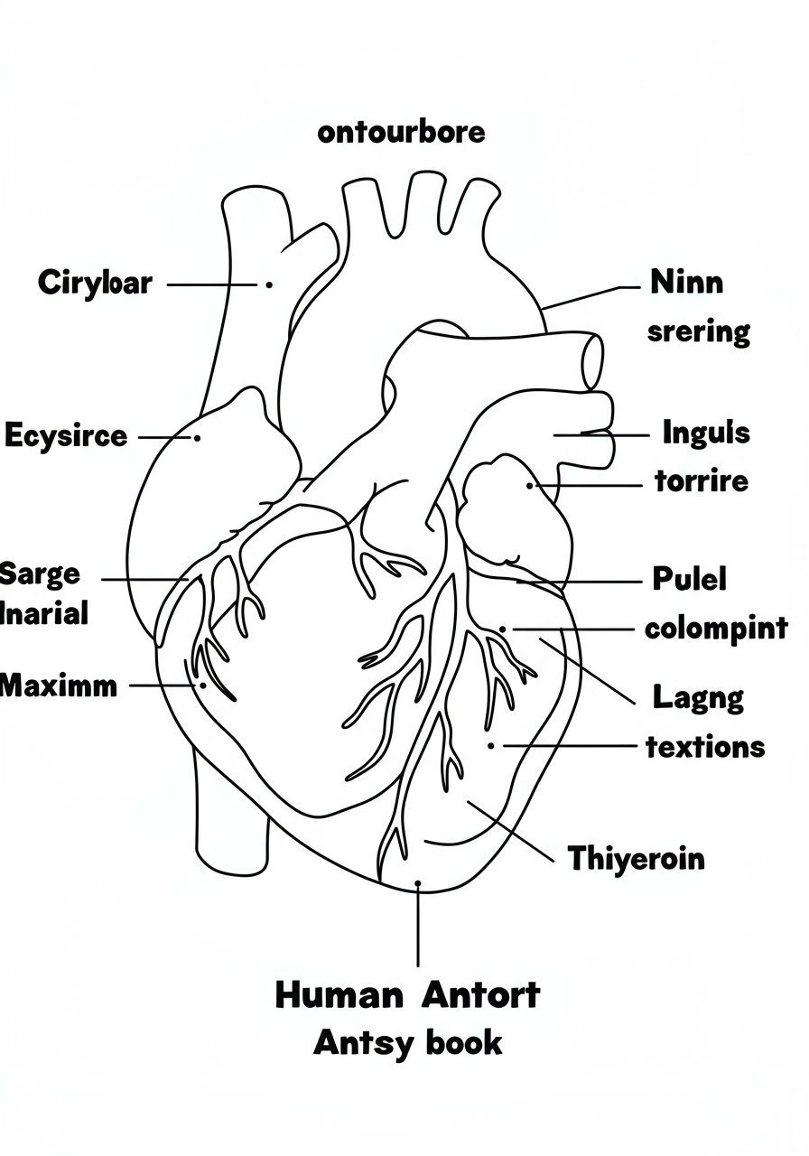 Free printable human heart anatomy coloring page for kids, showing a simplified diagram of the heart with key parts labeled for educational purposes and easy coloring.