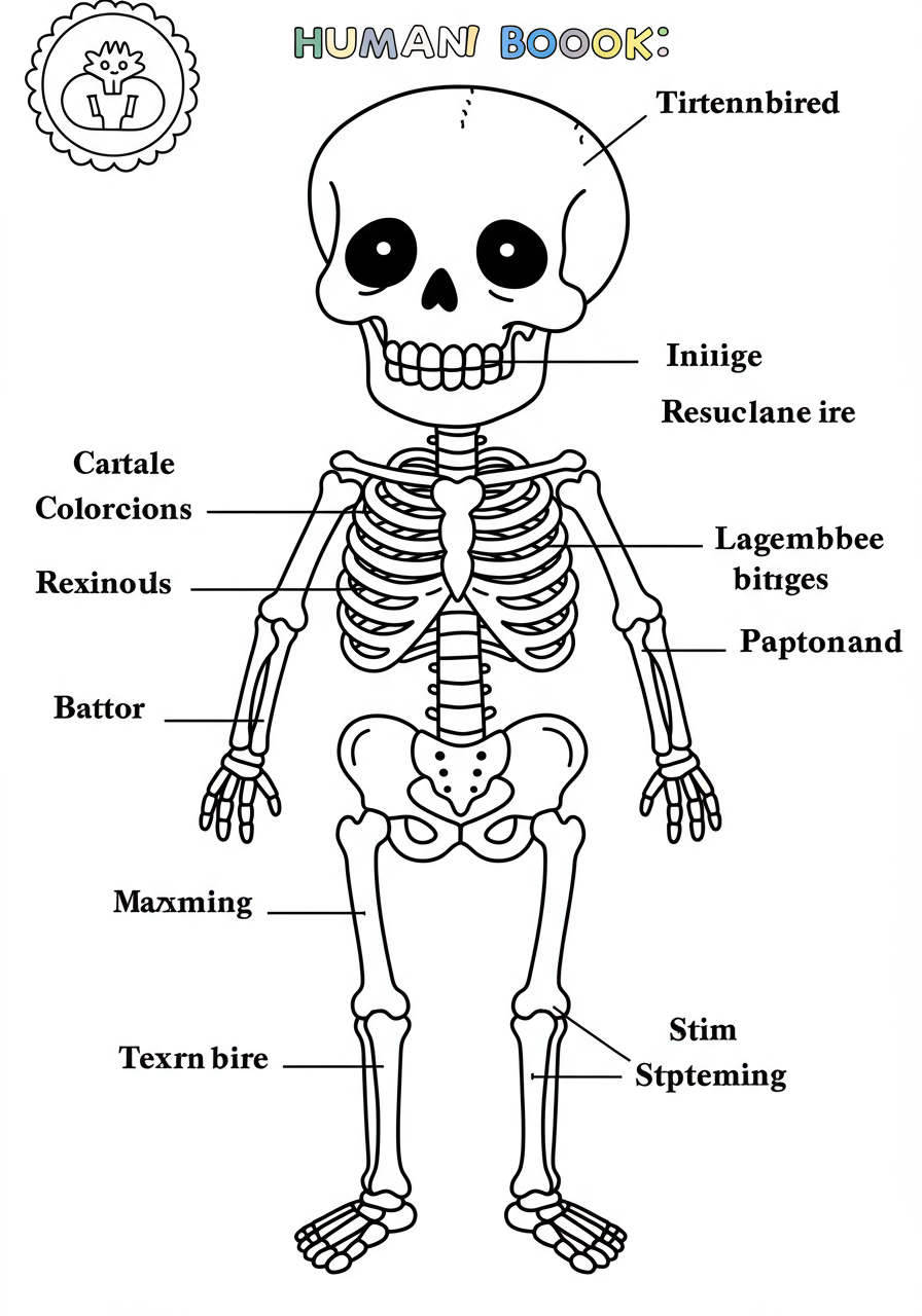 Free printable Human Skeleton Labeled coloring page for kids, showing a friendly skeleton with key bones identified for learning.