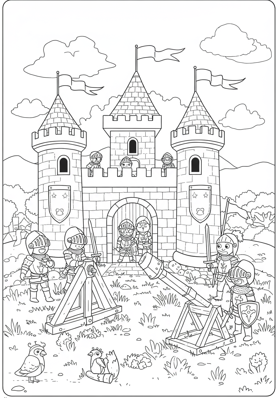 Illustration of a free printable Knights Castle Siege coloring page featuring a fortified castle, brave knights, and siege equipment like a trebuchet, ready for kids to color.