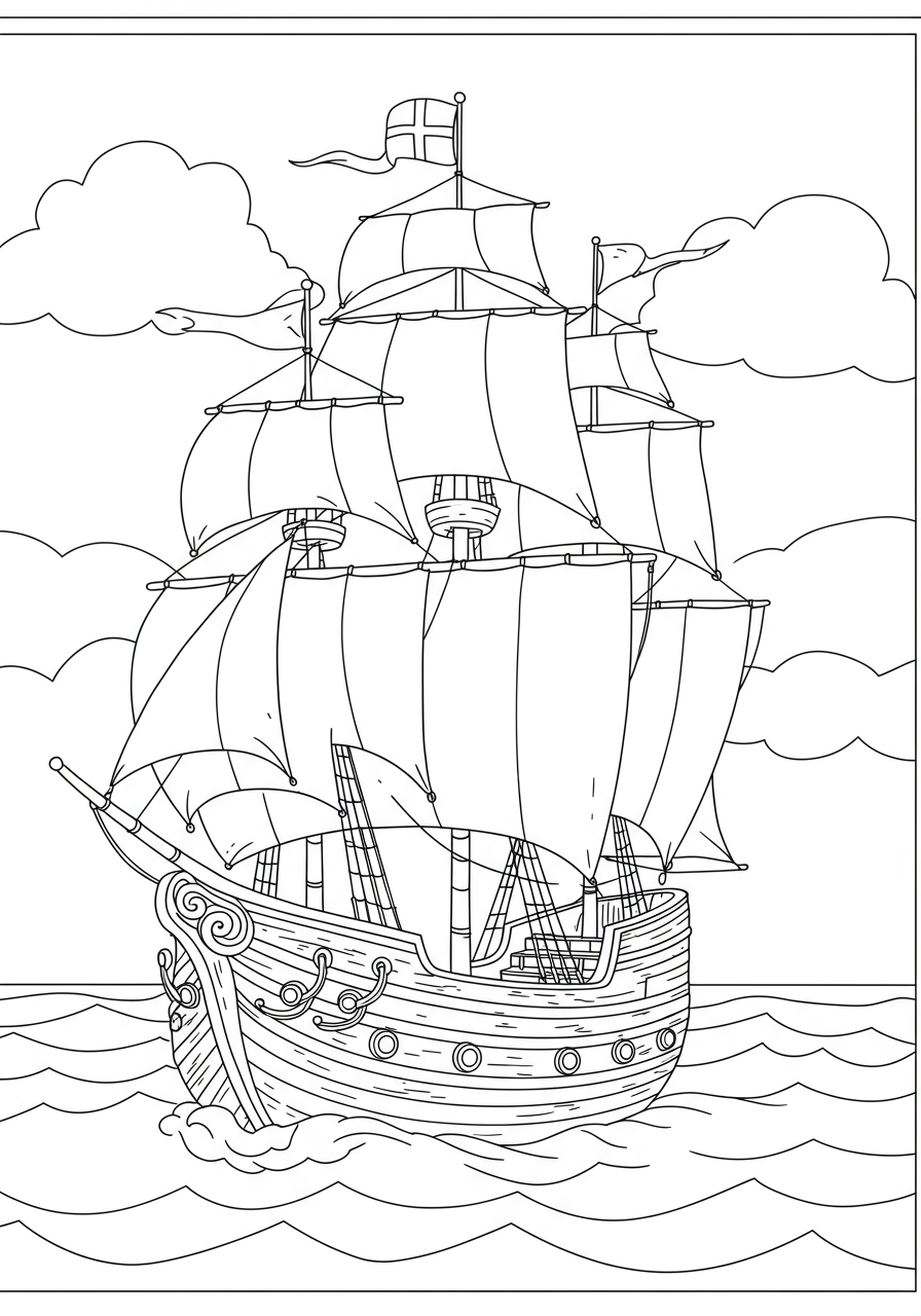 Free printable Mayflower Ship Journey coloring page for kids, showing a historical sailing ship with sails on the ocean.