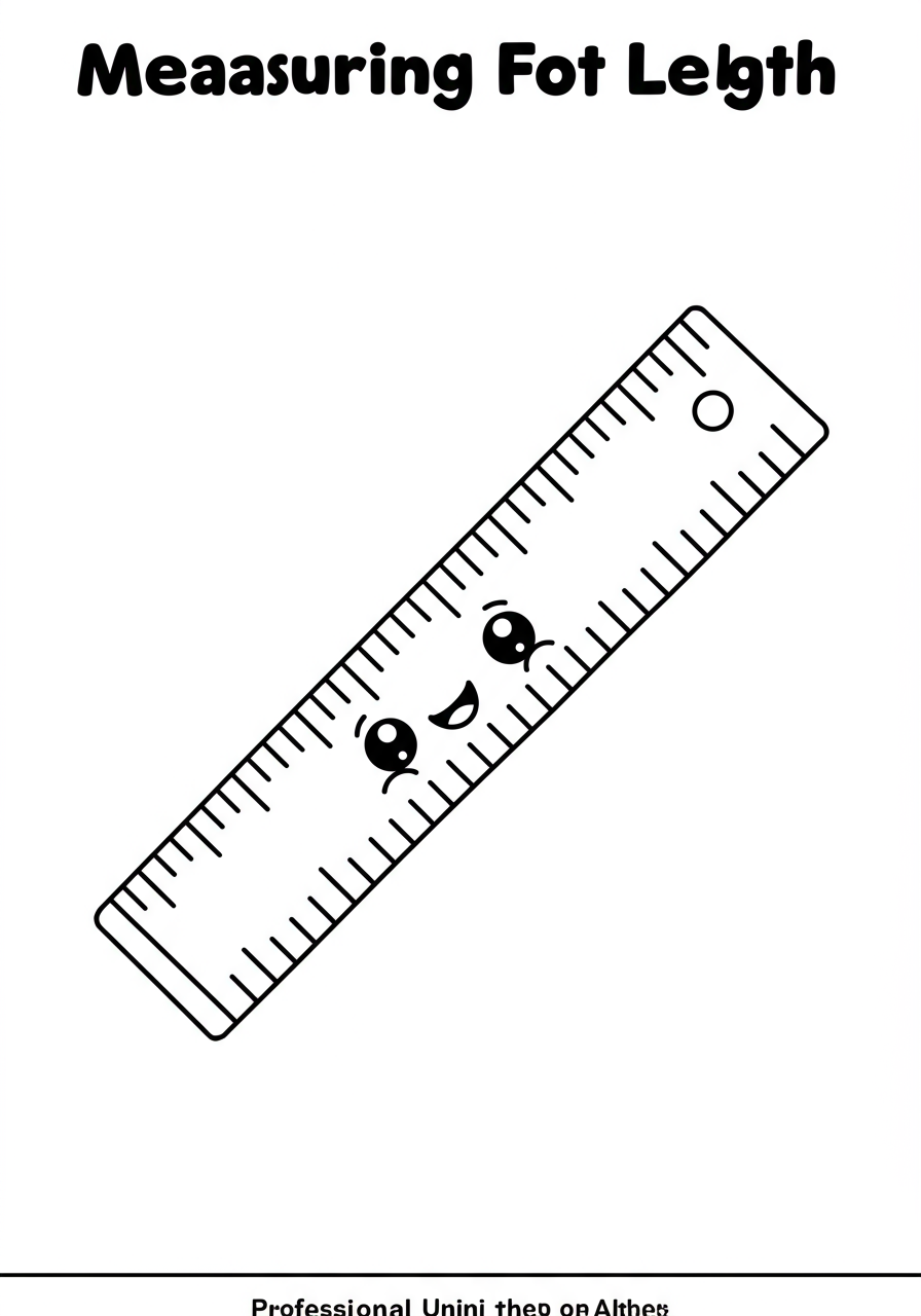 A free printable coloring page showing a cartoon ruler measuring various everyday objects like a pencil and a book, perfect for teaching kids about length and measurement.