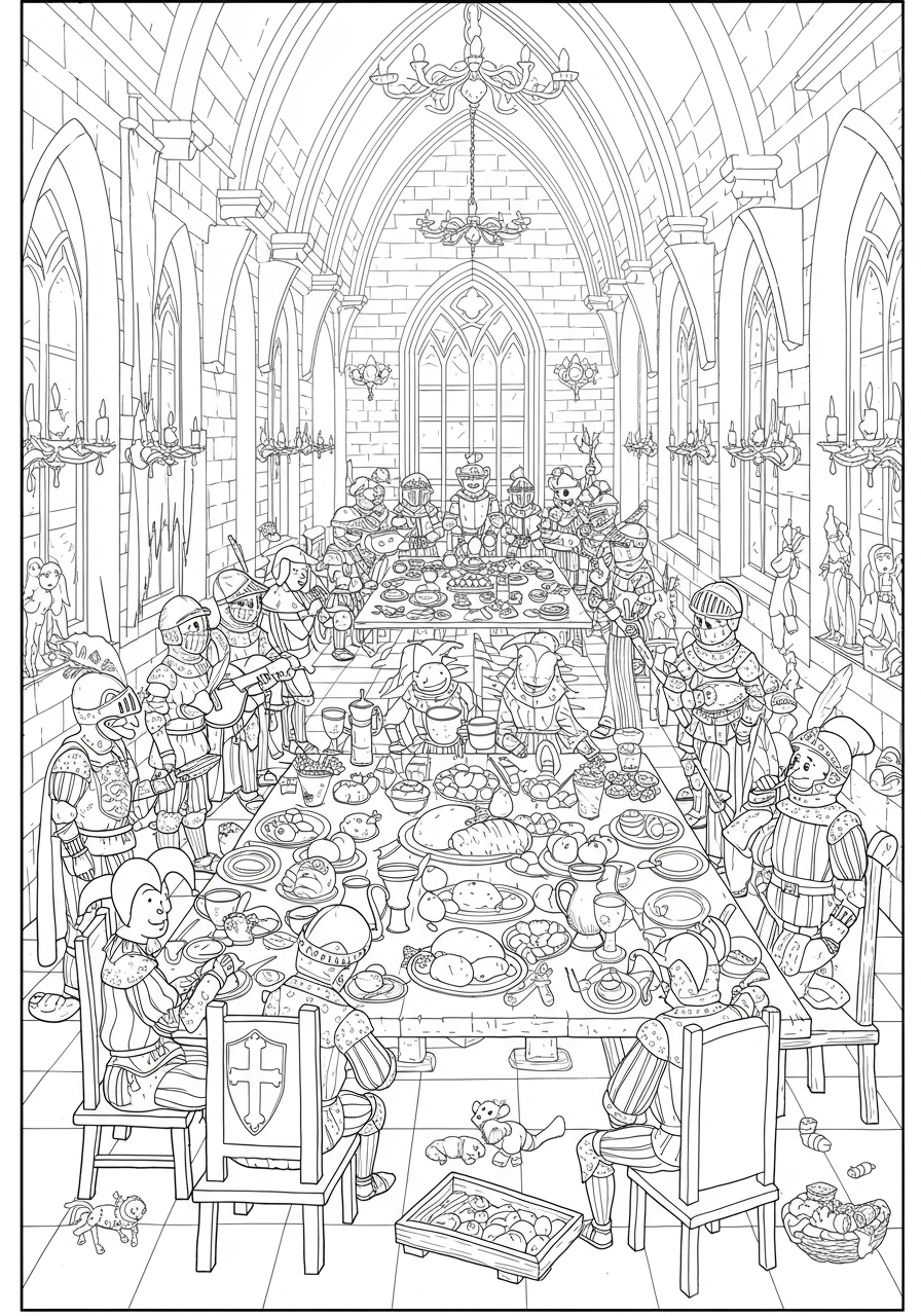 Free printable coloring page depicting a bustling medieval castle feast, showing knights, jesters, musicians, and tables laden with food in a grand hall, perfect for kids.
