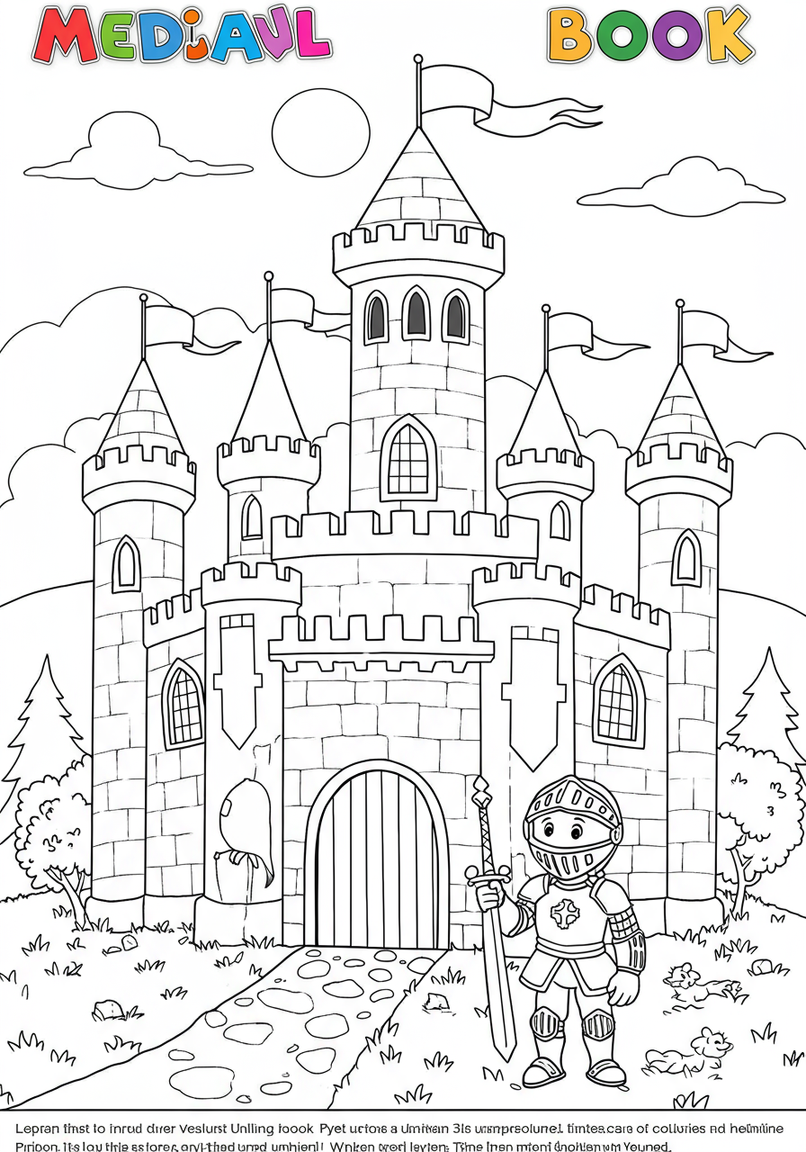 Free printable medieval knight castle coloring page for kids, showing a grand stone fortress with towers, walls, and a knight, perfect for educational fun.