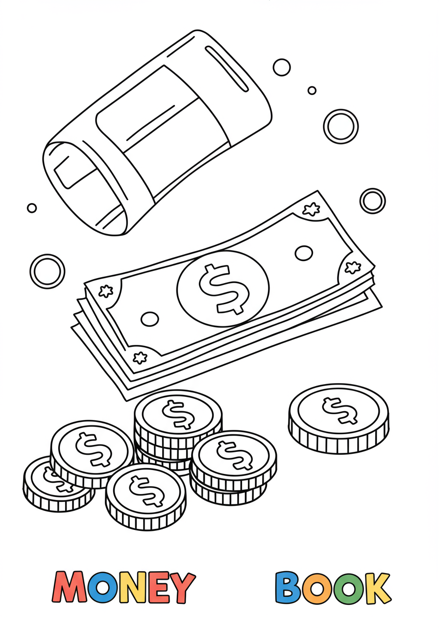 Free printable money coins and bills educational coloring page for kids, showing various generic currency outlines ready for coloring.