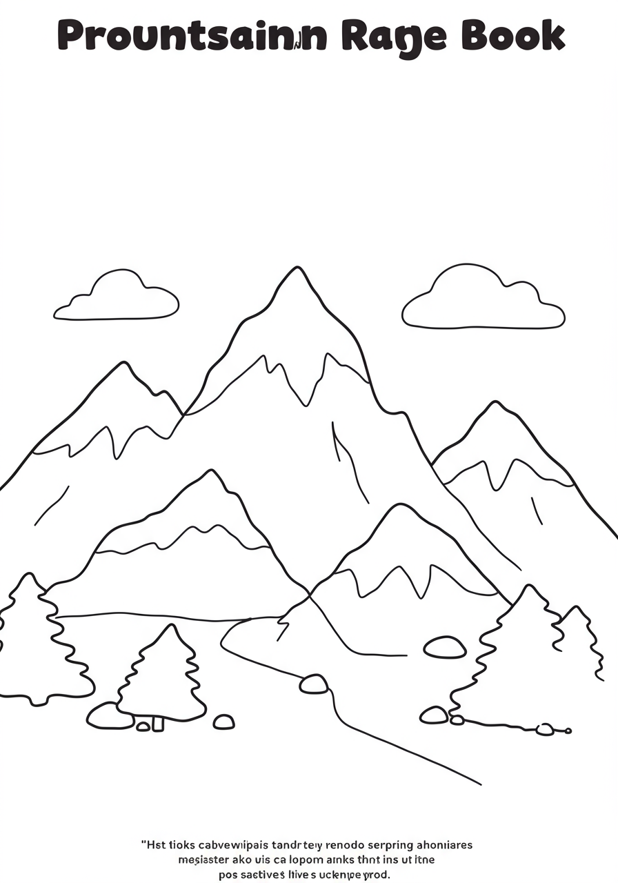 Free printable mountain range peaks coloring page for kids, showing a simple outline of several tall mountains with clouds in the sky, perfect for young artists.