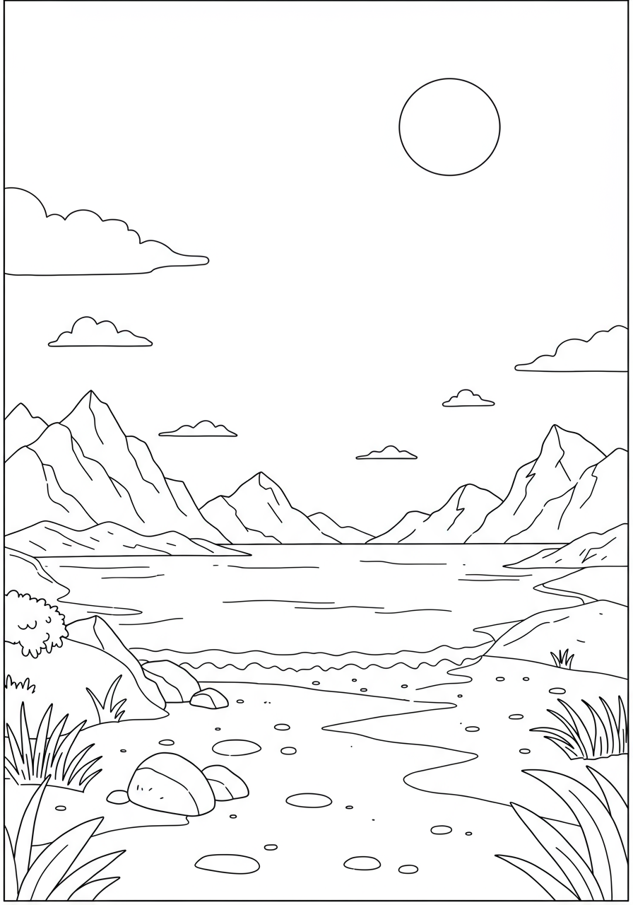 Free printable coloring page featuring a scenic landscape with towering mountains, a vast ocean, and a sandy beach under a clear sky, perfect for kids to color.
