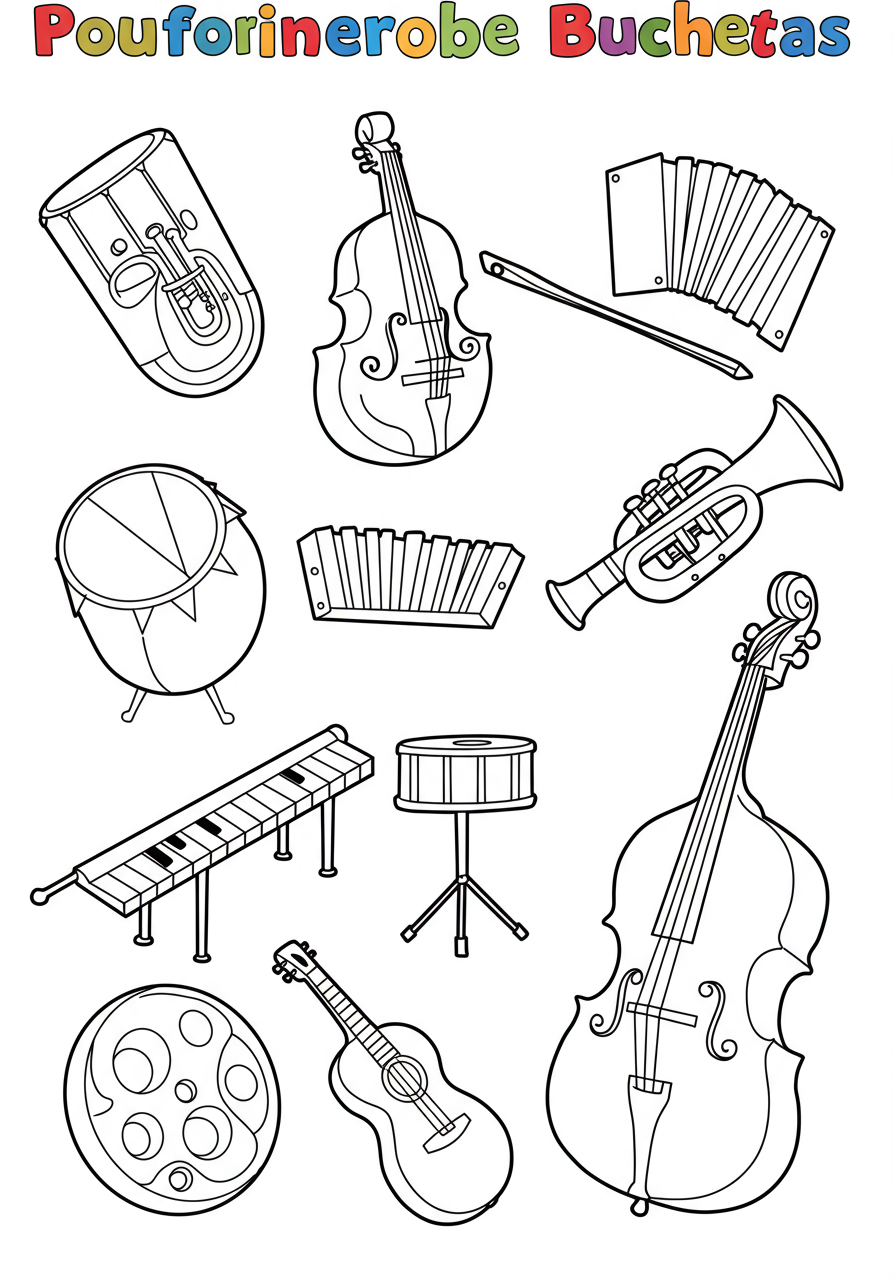 Free printable coloring page featuring various musical instruments arranged in an orchestra setting for kids to color.