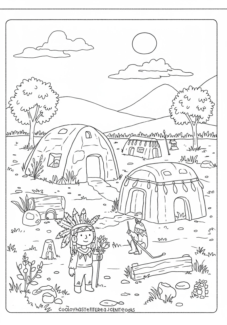 Free printable coloring page featuring an easy-to-color Native American village scene with tipis and natural elements.