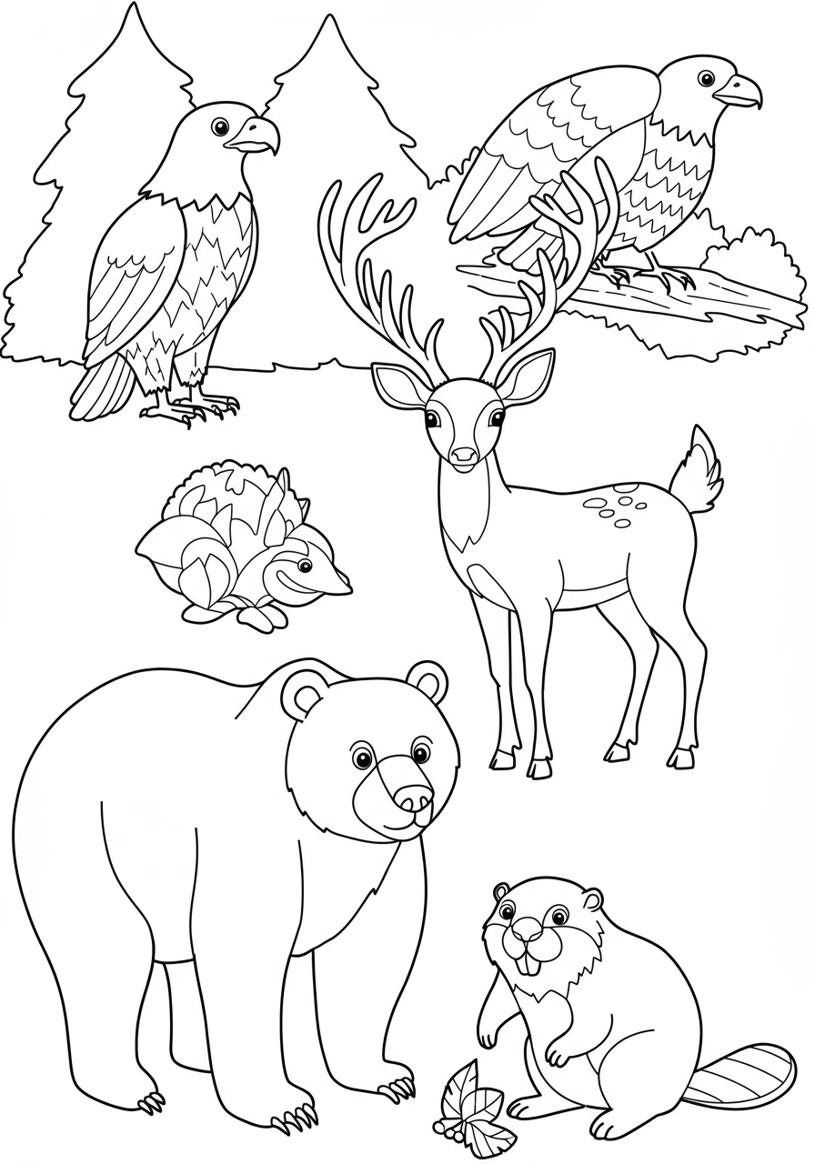 Free printable coloring page featuring a collection of North American animals including a bear, deer, bald eagle, and beaver, designed for kids to color.