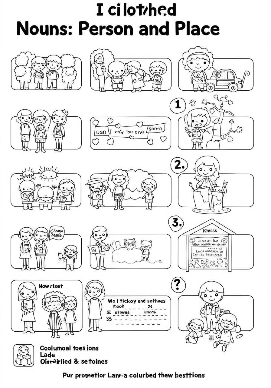 Free printable Nouns Person and Place coloring page for kids, featuring illustrations of a child, teacher, house, and school, perfect for early grammar learning.