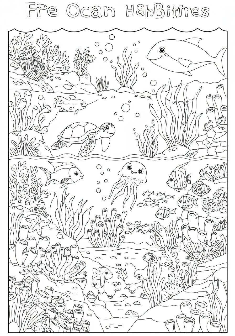 Free printable coloring page featuring various ocean animal habitats, including vibrant coral reefs, swaying kelp forests, and the mysterious deep sea with marine creatures like fish, sea turtles, and glowing jellyfish.