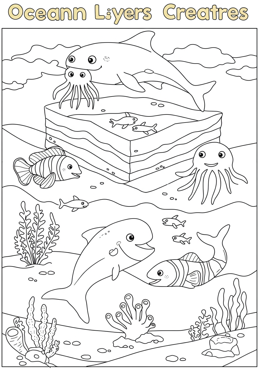 Free printable coloring page showing various ocean creatures, from fish and dolphins to deep-sea anglerfish and tube worms, arranged across different ocean layers from the surface to the abyssal depths.