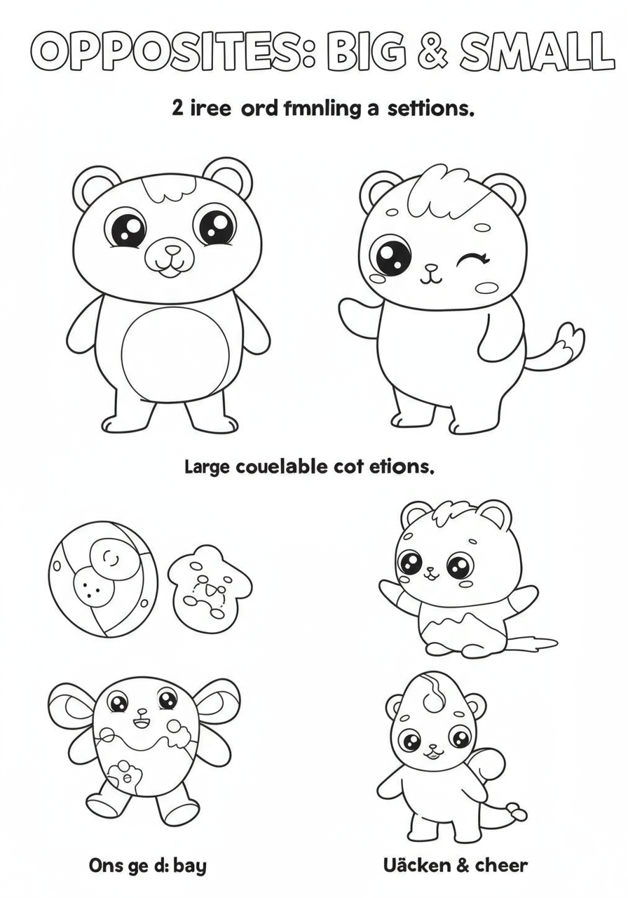 Free printable coloring page depicting big and small objects like an elephant and a mouse, helping children learn about opposites and size differences.