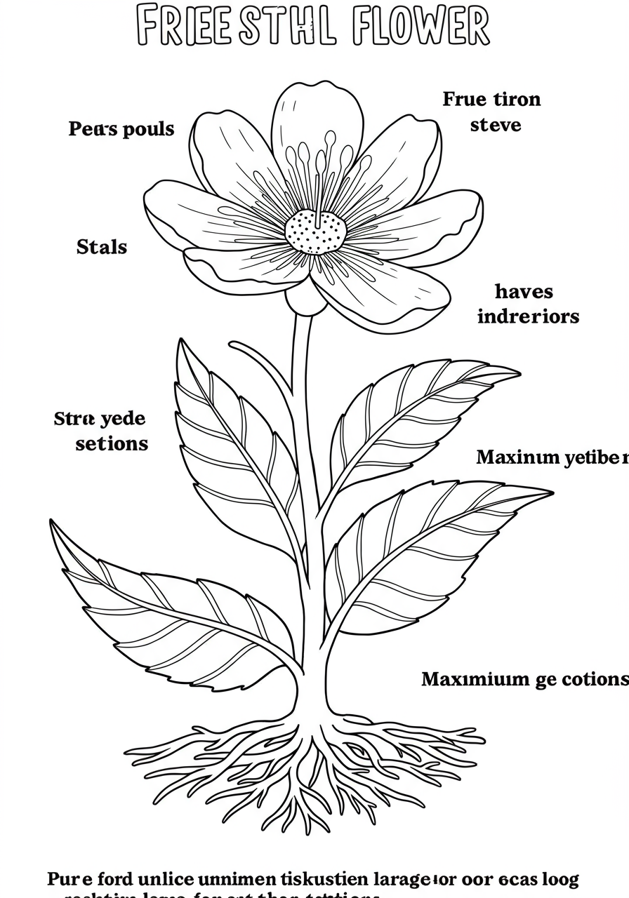 A free printable coloring page illustrating the different parts of a flower, including petals, stem, leaves, and roots, designed for easy coloring by children.