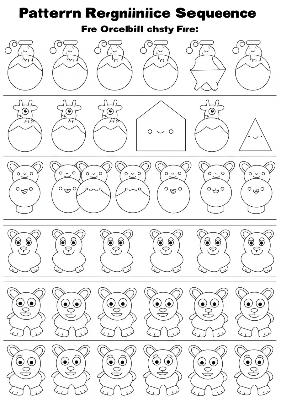 An engaging free printable Pattern Recognition Sequence coloring page showing a series of incomplete patterns for kids to finish and color, featuring simple shapes and objects.