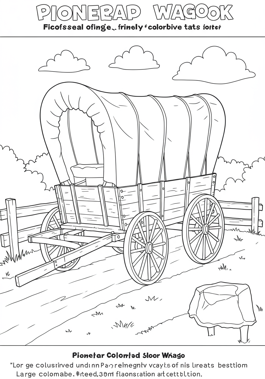 Free printable coloring page featuring a simple pioneer covered wagon, perfect for young children to color and learn about history.