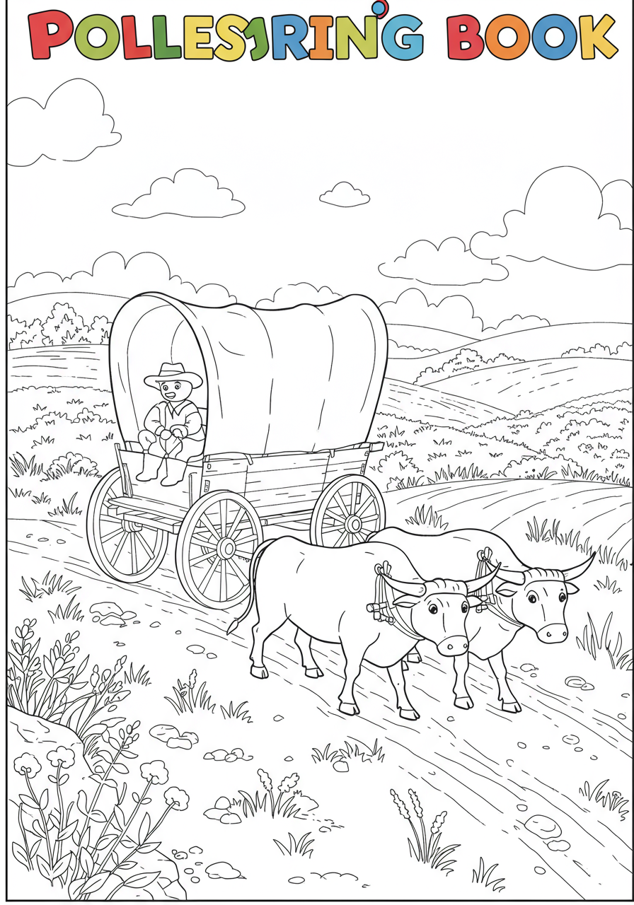 A free printable coloring page showing a pioneer covered wagon, drawn by oxen, traveling across a simple prairie landscape with hills in the background. Perfect for educational activities.
