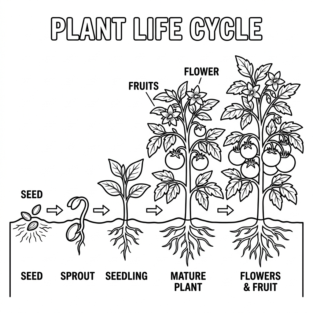 Free printable Plant Life Cycle Labeled coloring page for kids, showing a seed, sprout, seedling, flowering plant, and fruit/seed pod with clear labels illustrating the stages of plant growth.