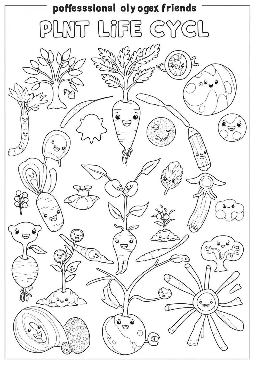 Free printable coloring page showing the simple and easy-to-understand plant life cycle, from seed to sprout to flower.