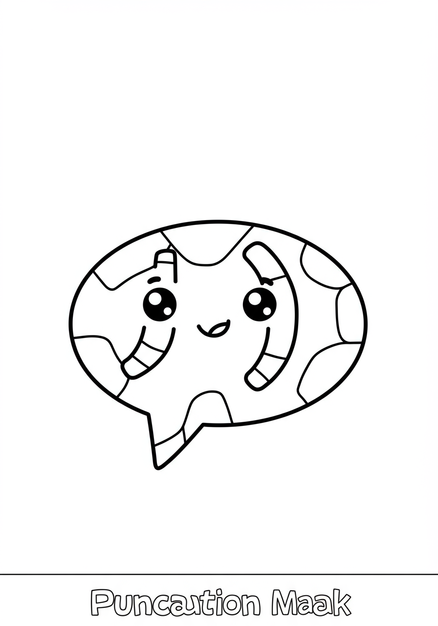 A free printable coloring page featuring various punctuation marks like periods, commas, question marks, and exclamation points, floating within bubbles, designed for easy coloring by kids.