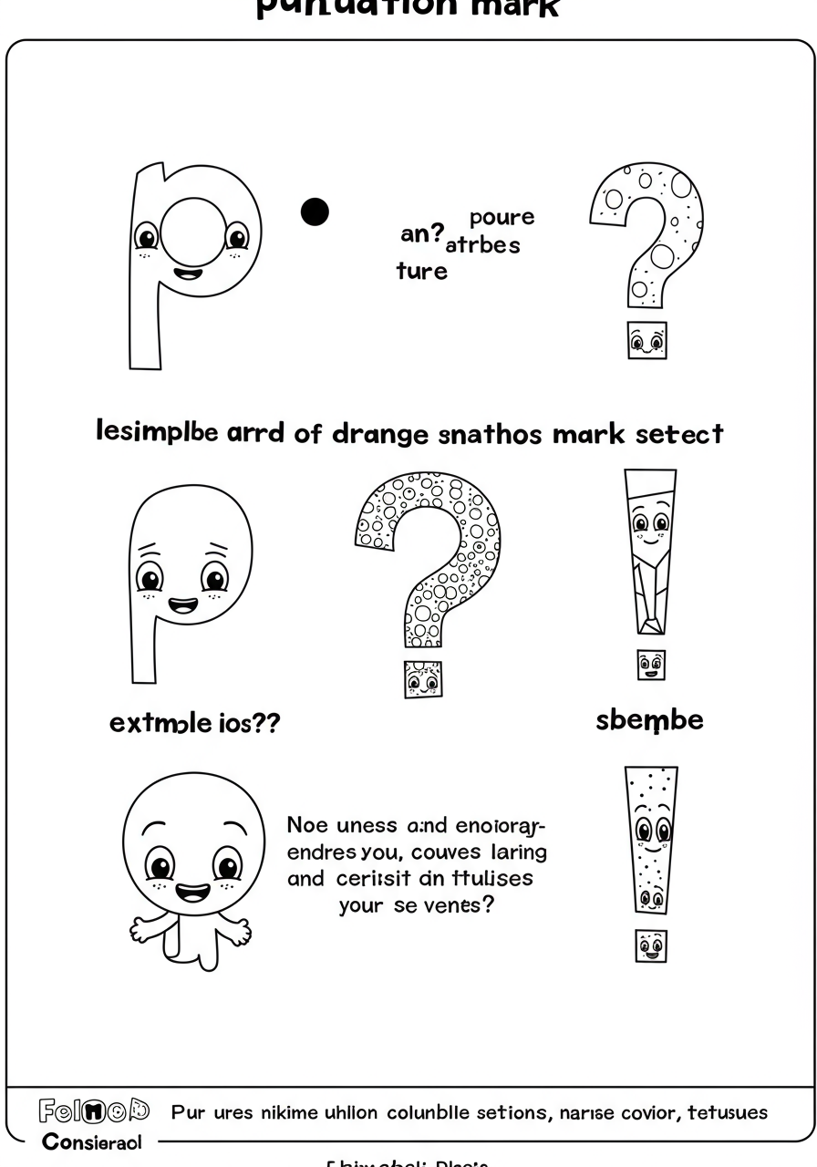 Free printable coloring page featuring friendly cartoon punctuation marks (period, question mark, exclamation mark) with example sentences for kids to learn and color.