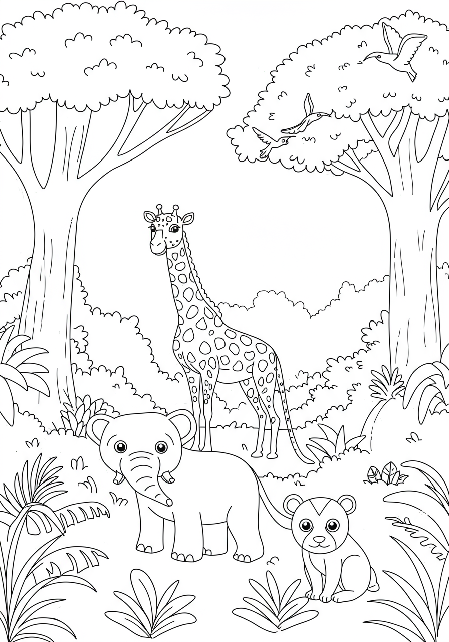 A free printable coloring page featuring a whimsical rainforest scene with easy-to-color animals like a monkey and parrot, surrounded by large tropical trees and leaves. Perfect for kids.