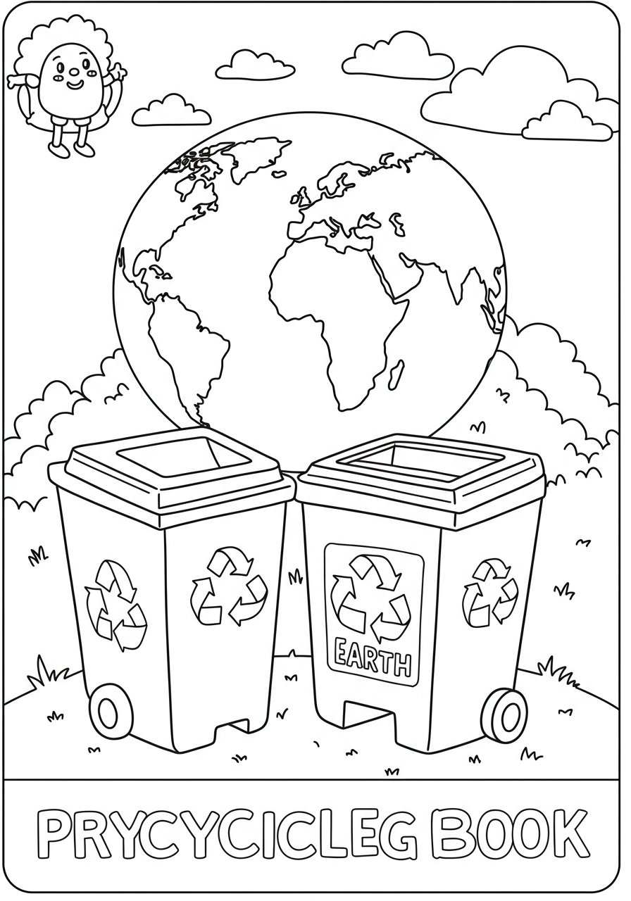 Free printable Recycling Bins Earth coloring page showing a happy Earth surrounded by labeled recycling bins for paper, plastic, and glass, designed for kids to learn about environmental protection and proper waste sorting.
