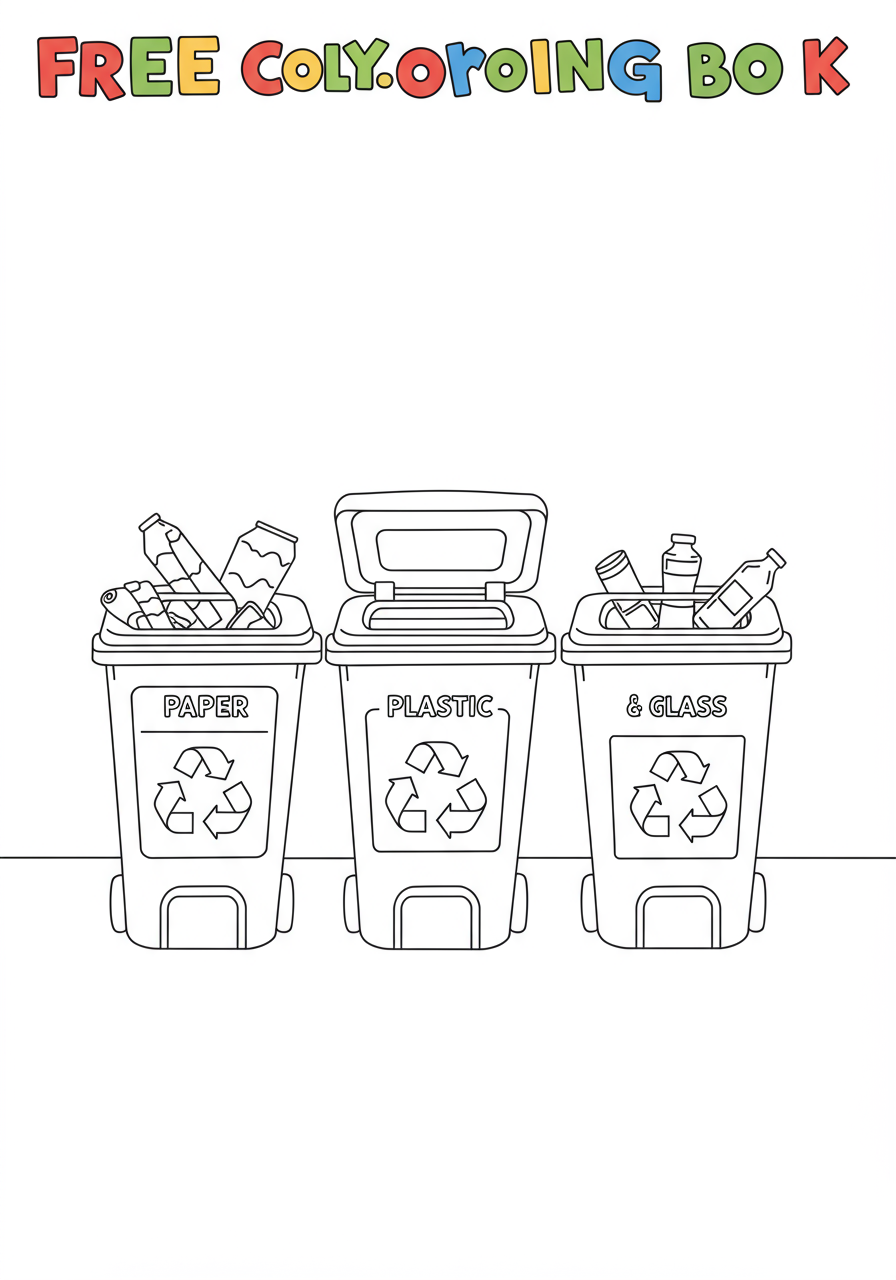 Free printable coloring page featuring multiple recycling waste bins labeled for paper, plastic, and glass, with a friendly, easy-to-color design for kids.