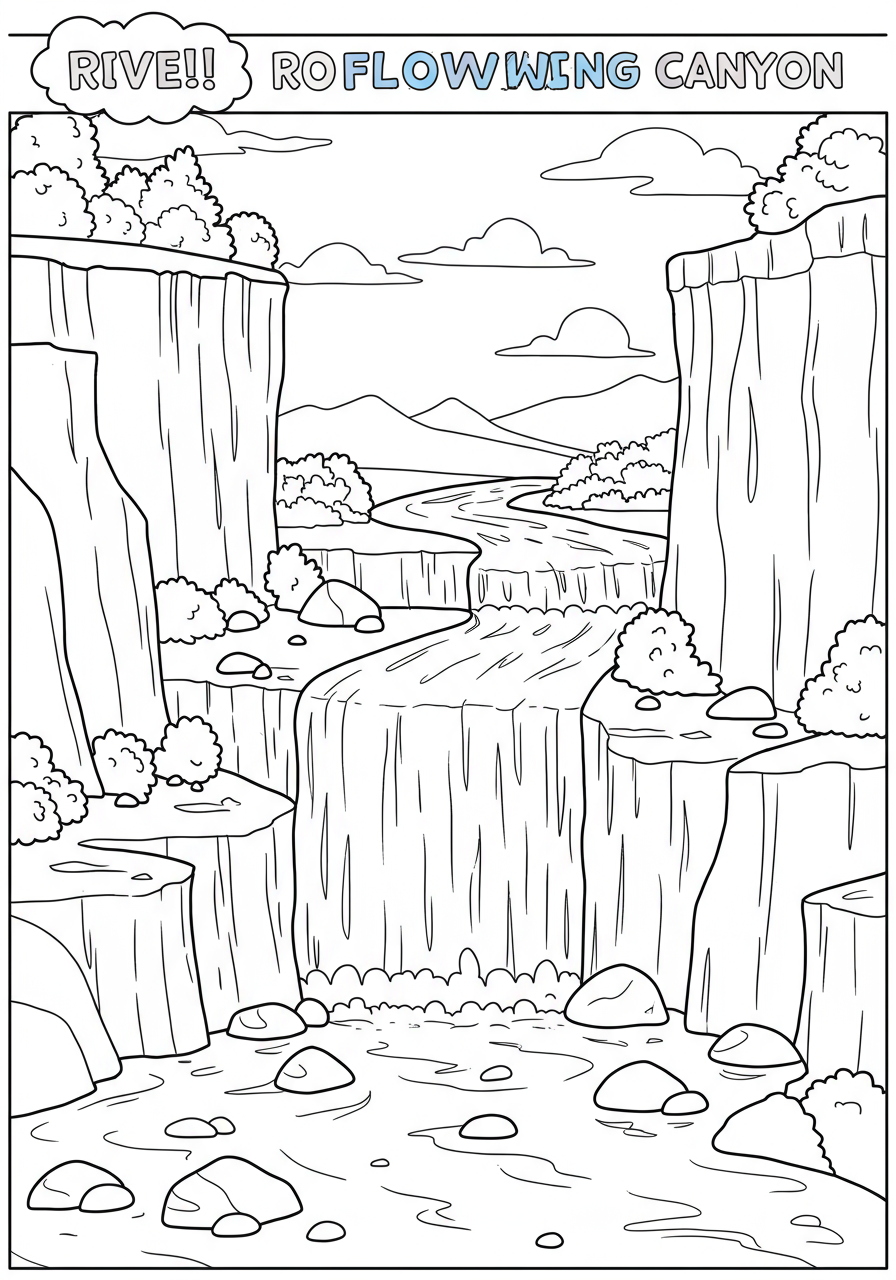A free printable coloring page showing a river flowing through a deep canyon with towering rock walls, perfect for educational fun.