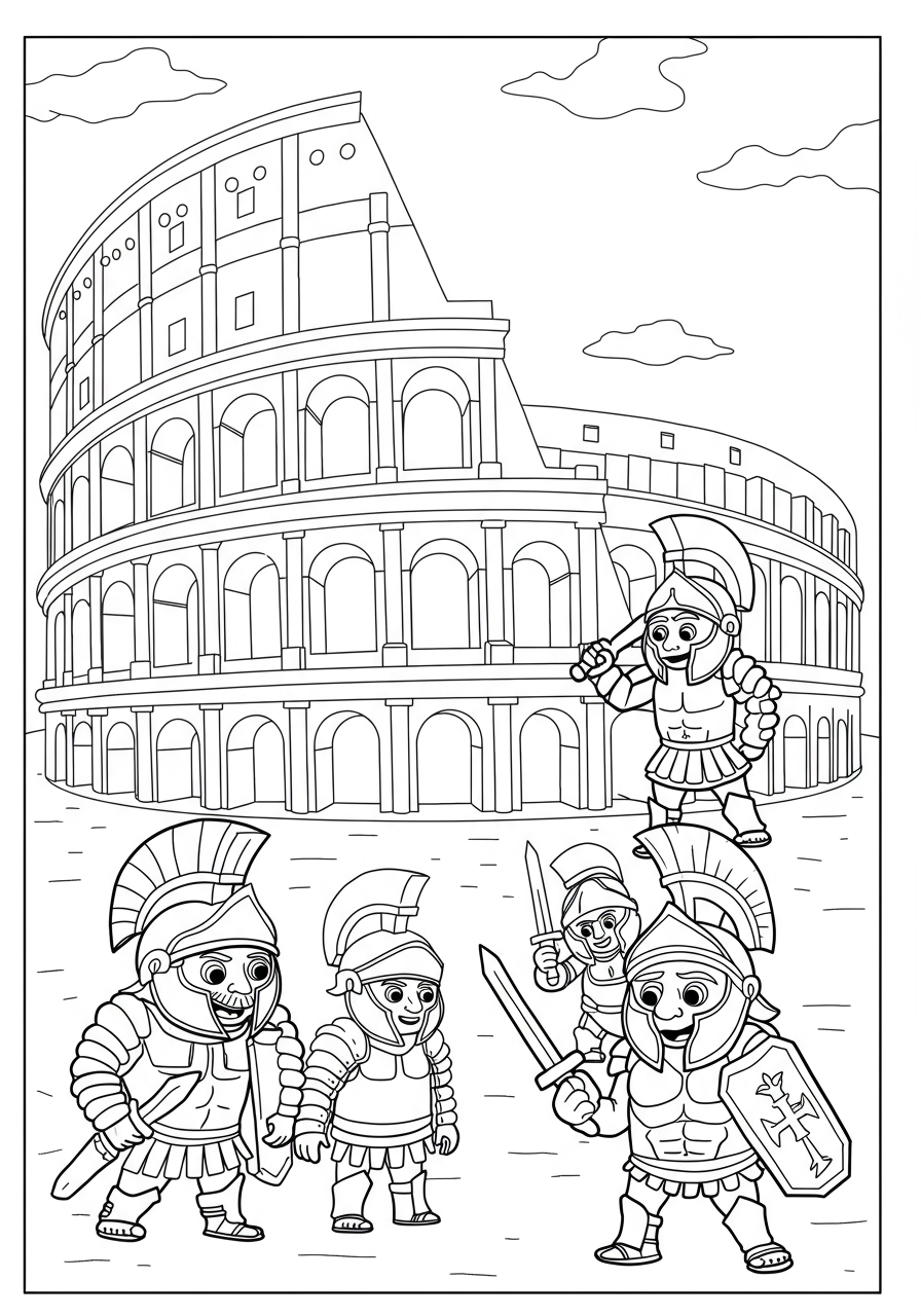 Illustration of a brave Roman gladiator with a helmet and shield, standing in front of the ancient Colosseum, a free printable coloring page for kids.