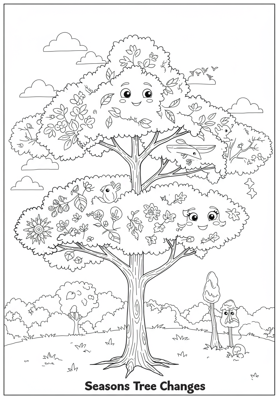 Free printable Seasons Tree Changes coloring page for kids, illustrating a tree transforming through spring, summer, autumn, and winter.