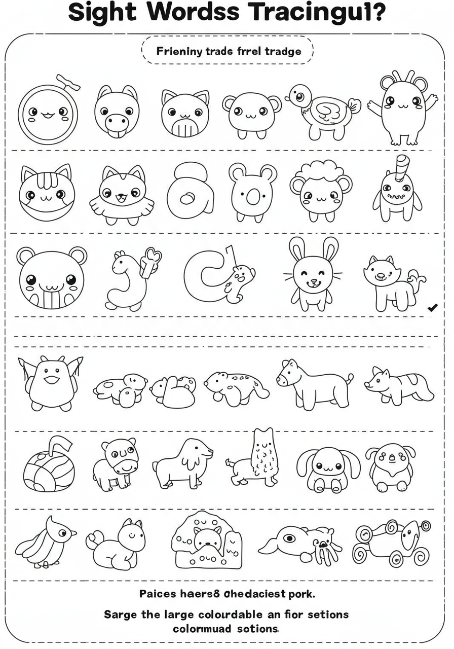 A free printable coloring page designed for early learners, featuring several common sight words like 'the', 'and', 'is' with dotted lines for children to trace, accompanied by simple, friendly illustrations like a sun and a star, waiting to be colored.