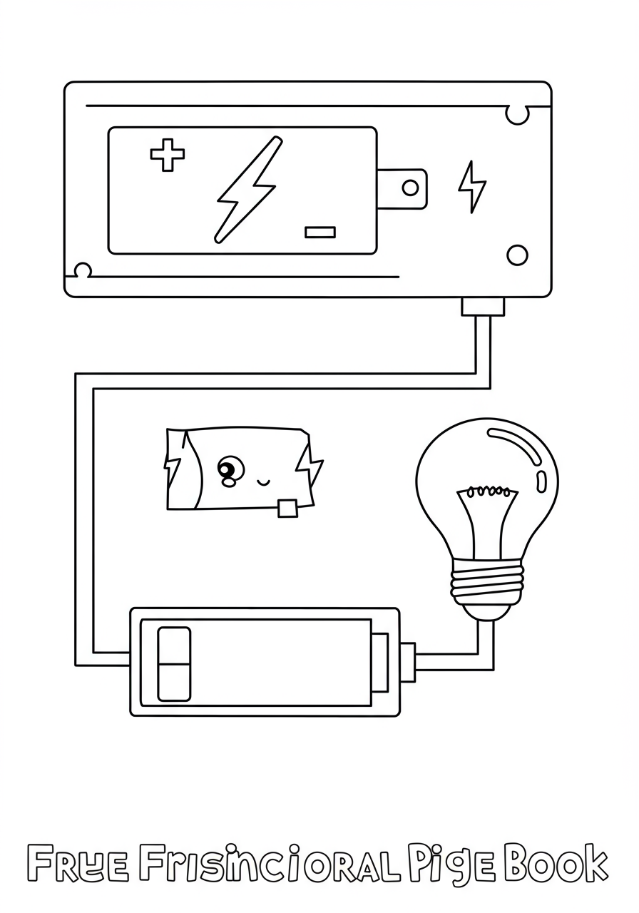 A free printable coloring page depicting a simple electrical circuit with a battery, wires, and a light bulb, perfect for educational fun.