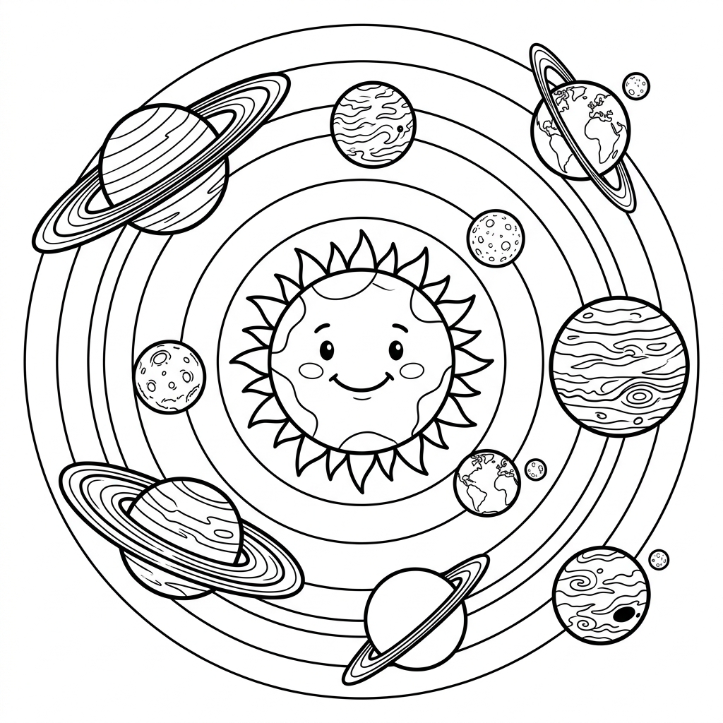 Free printable Solar System planets labeled coloring page showing all eight planets (Mercury, Venus, Earth, Mars, Jupiter, Saturn, Uranus, Neptune) orbiting the sun, with each planet clearly labeled for educational purposes, suitable for kids.