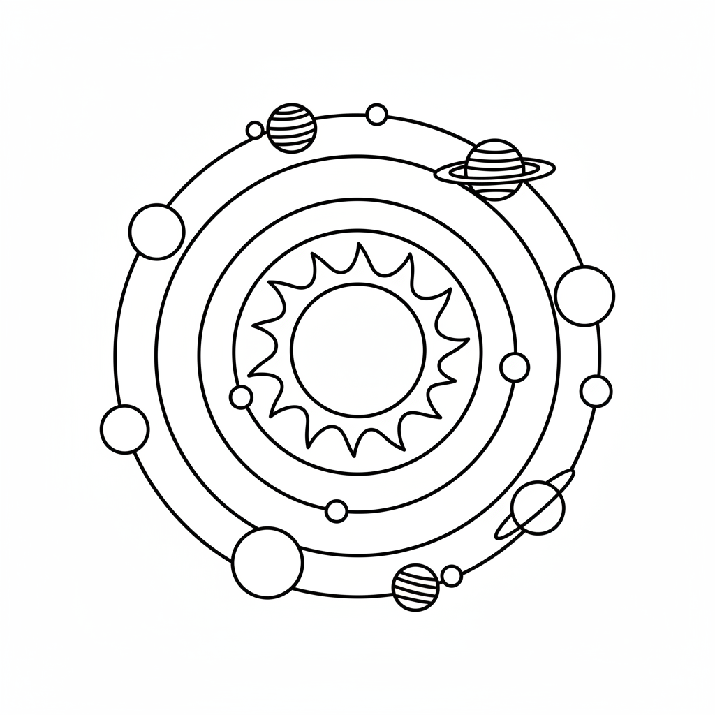 A free printable coloring page depicting the sun in the center with the eight planets of our solar system (Mercury, Venus, Earth, Mars, Jupiter, Saturn, Uranus, Neptune) orbiting it in their respective paths, with stars and a deep space background. Designed for educational purposes.