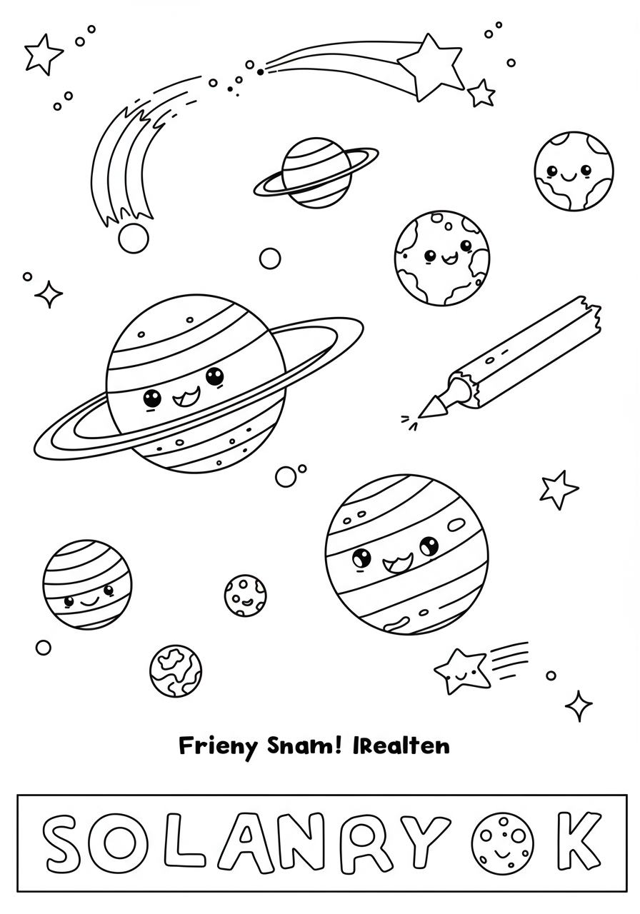 Free printable Solar System Planets coloring page for kids, showing simplified illustrations of the Sun and eight planets: Mercury, Venus, Earth, Mars, Jupiter, Saturn, Uranus, and Neptune, designed for easy coloring and learning.