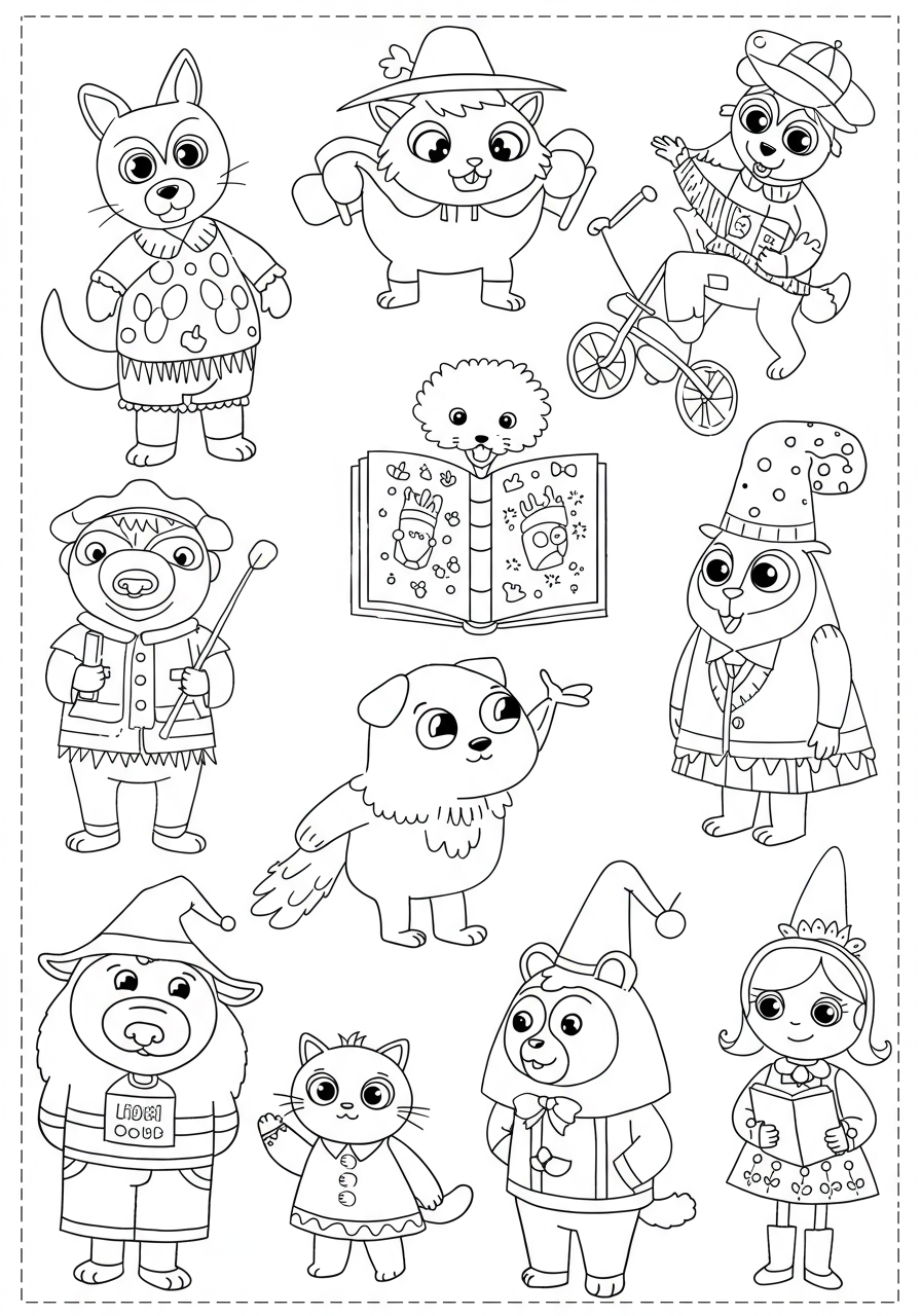 A free printable coloring page featuring a whimsical collection of diverse story book characters like a princess, knight, fairy, and friendly dragon, perfect for kids.