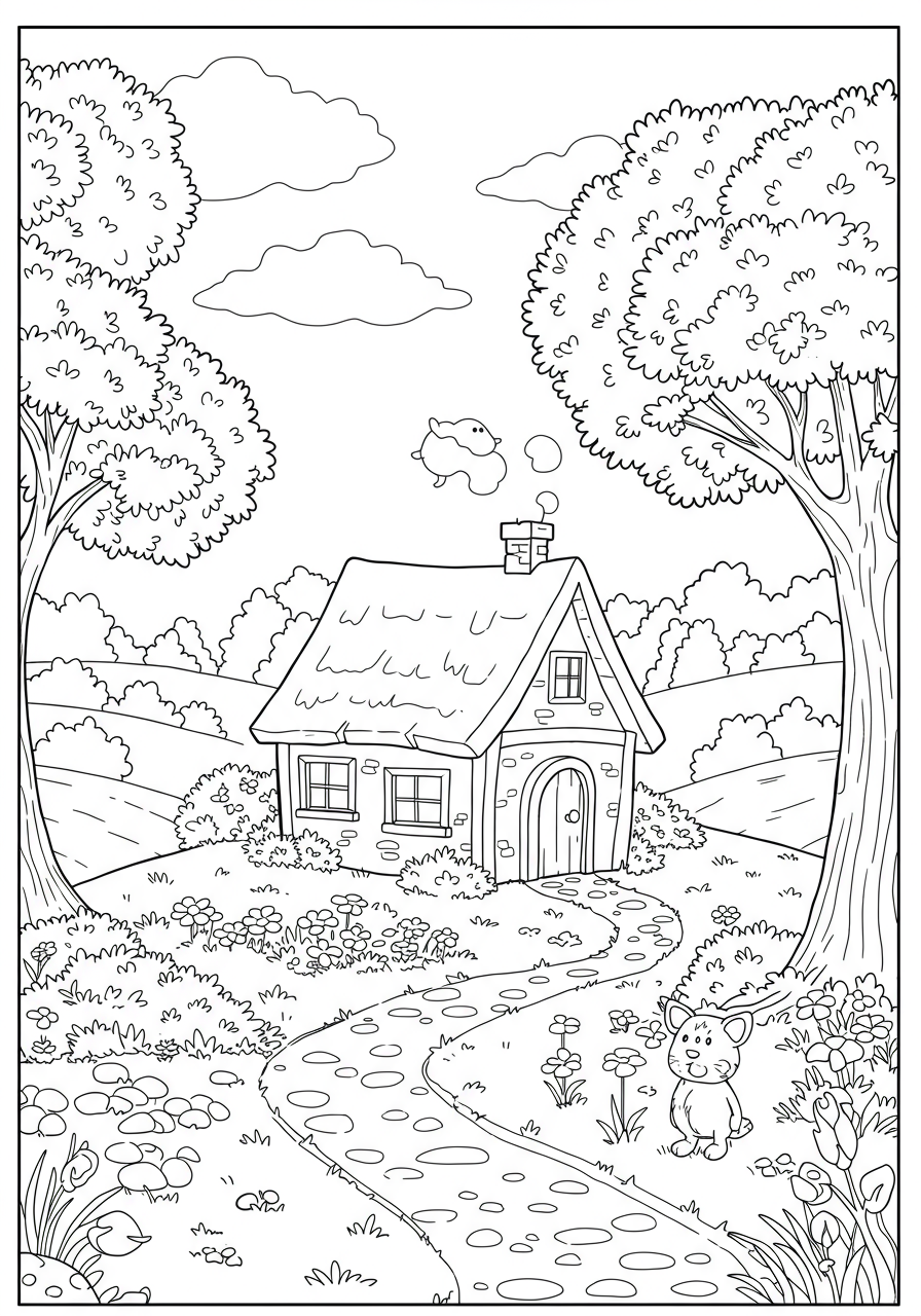 A free printable coloring page depicting a whimsical story setting with a cottage, rolling hills, and trees, ready for kids to color.