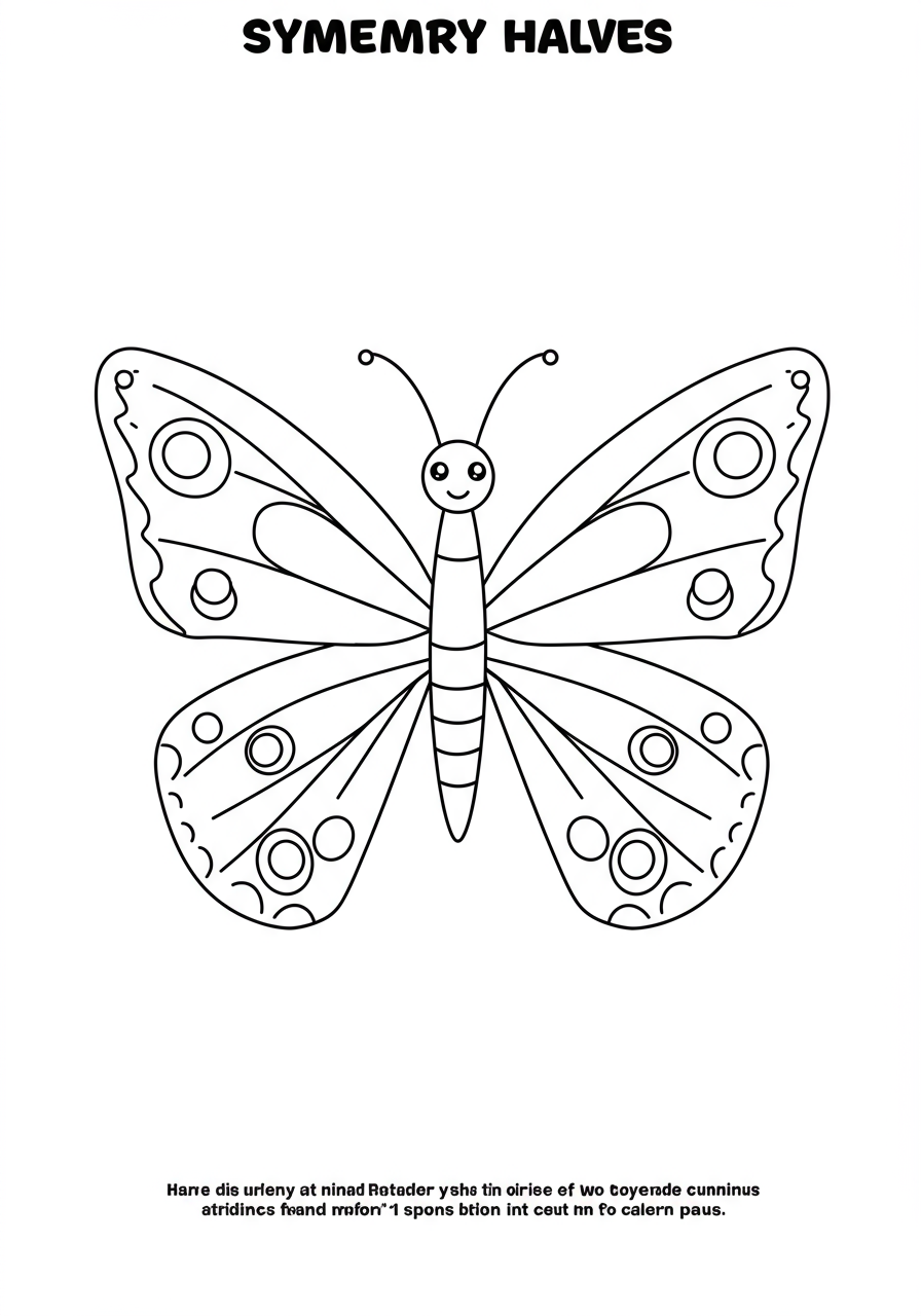 Free printable symmetry butterfly halves coloring page for kids, showing one half of a butterfly drawn with patterns and the other half blank, ready to be completed symmetrically and colored.